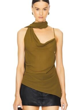 h:ours Olive Draped Cowl Neck Camisole with Scarf Detail